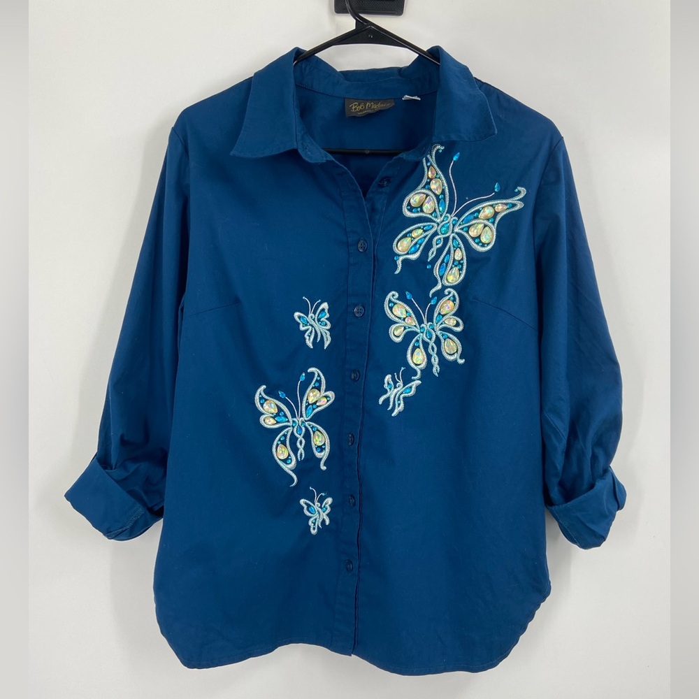 Bob Mackie Wearable At Butterfly Jeweled Button Down Blouse Blue Small